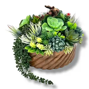 Succulent Design in Light Brown Circular Textured Wood Vase | Faux Succulent Floral Arrangement for Desk or Living Room Decor | Centerpiece Flowers