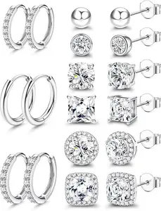 BESTEEL S925 Sterling Silver Stud Earrings for Women Men - Hypoallergenic 18K Gold Plated Hoop Earring Big Round Square Simulated Diamond Halo Studs Earrings for Sensitive Ears