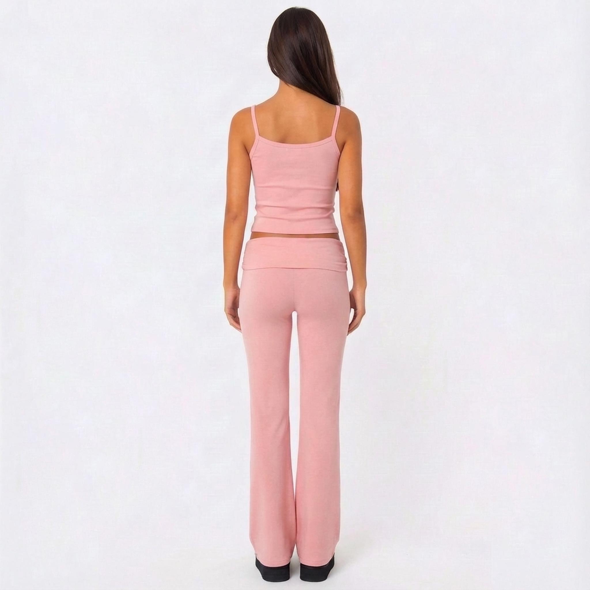 KatchMe Women's Casual Solid Color Lace Trim Ribbed Camisole & Folded Waist Slightly Flared Trousers Co-ord, Basic Thin Strap Top & Trousers Two Piece Sets