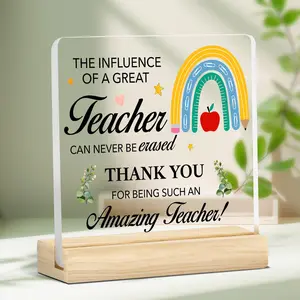 Best Teacher Acrylic Plaque with Wooden Stand, Clear Desk Decor Sign, Home Decoration, Thank You Gift for Classroom & Home Office, Party Favors