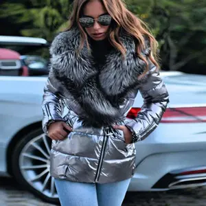 Women's winter short down jacket | Shiny leather collar jacket | Long sleeved warm down jacket1xrQ