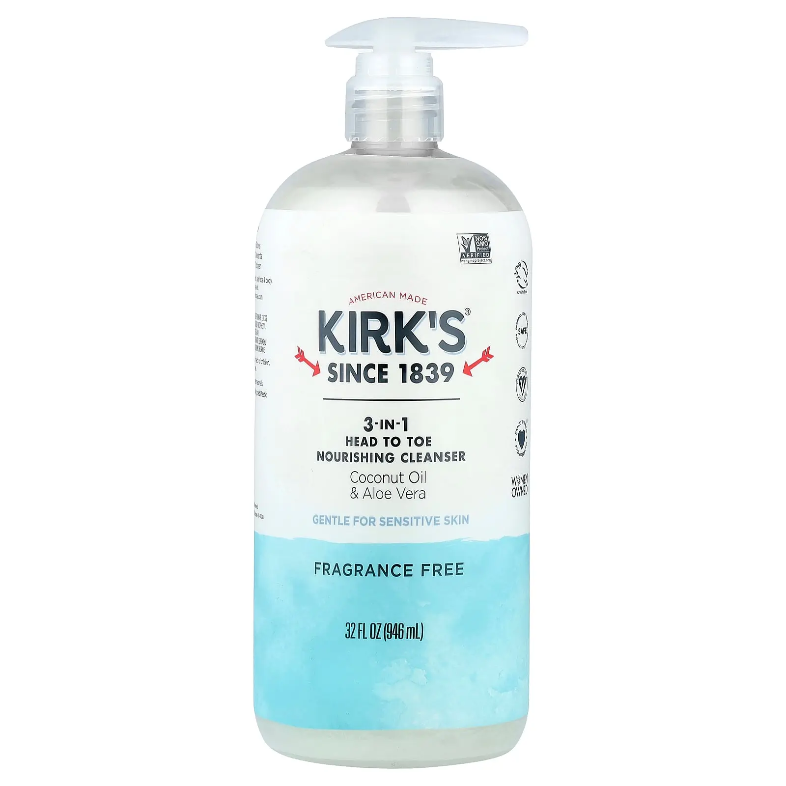 Kirk's 3-In-1 Head To Toe Nourishing Cleanser, Fragrance Free, 32 fl oz (946 ml)