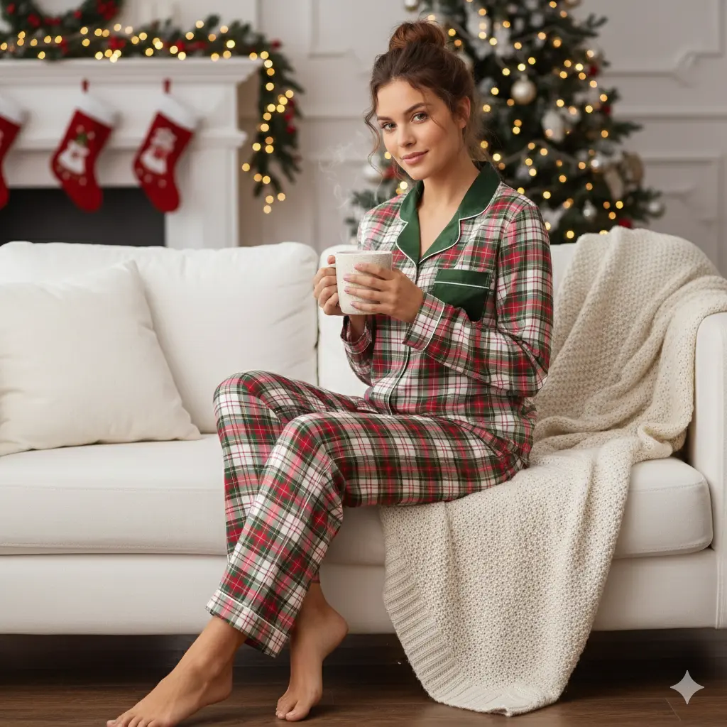 WHITE PLAID SILKY PAJAMA SET