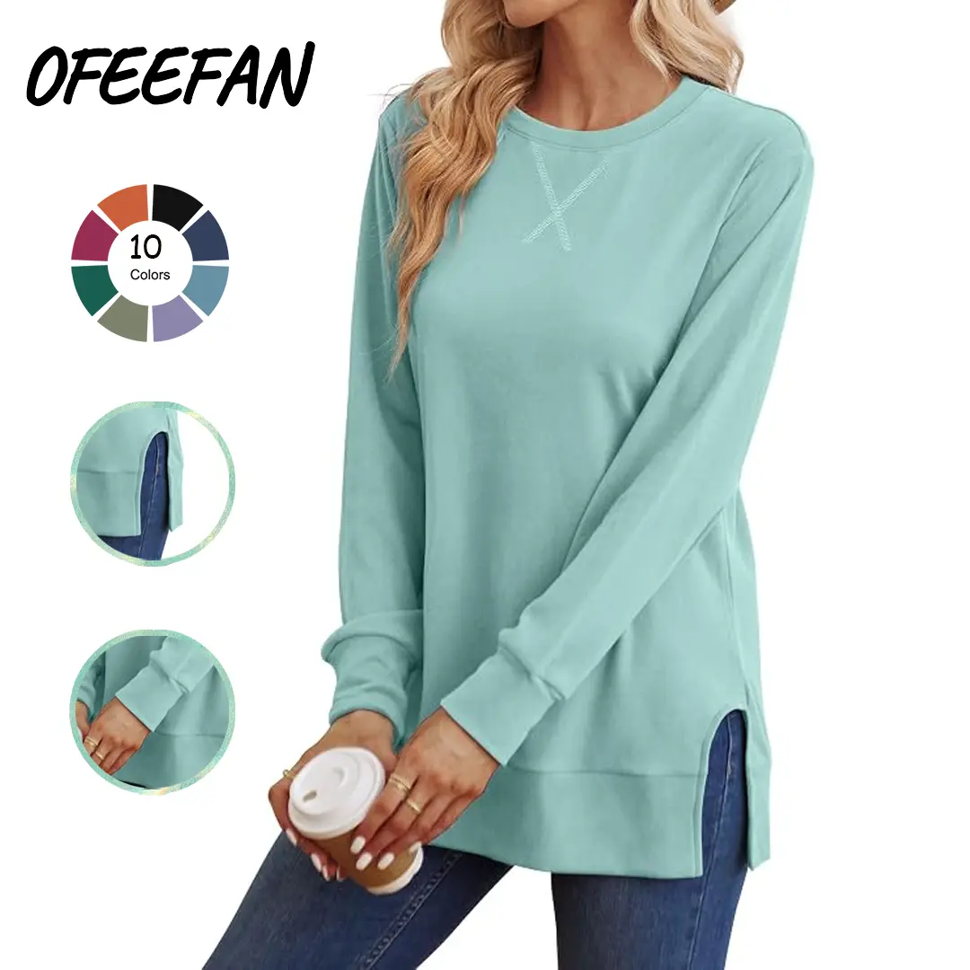 OFEEFAN Women’s Long Sleeve Sweatshirt Crewneck Pullover Tops Soft Stretchy Lightweight Side Split Hem Casual Loose Fit Tunic Shirts for Fall Outfits