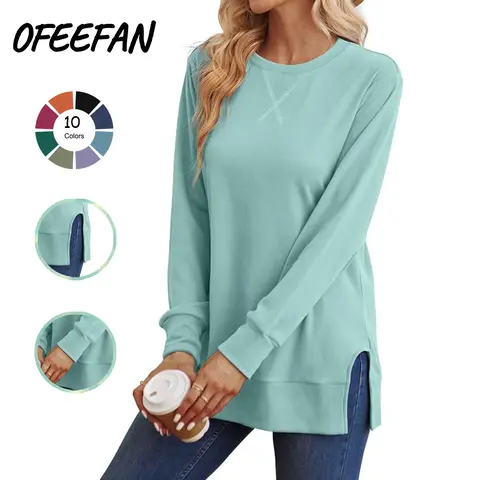OFEEFAN Women’s Long Sleeve Sweatshirt Crewneck Pullover Tops Soft Stretchy Lightweight Side Split Hem Casual Loose Fit Tunic Shirts for Fall Outfits