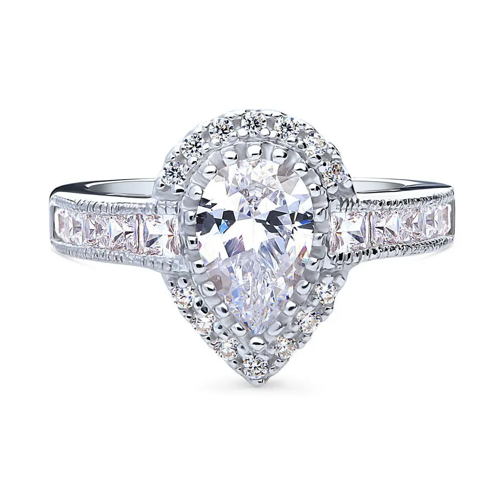 BERRICLE Sterling Silver Halo Milgrain Wedding Engagement Rings for Women, Pear Cut Cubic Zirconia CZ Ring