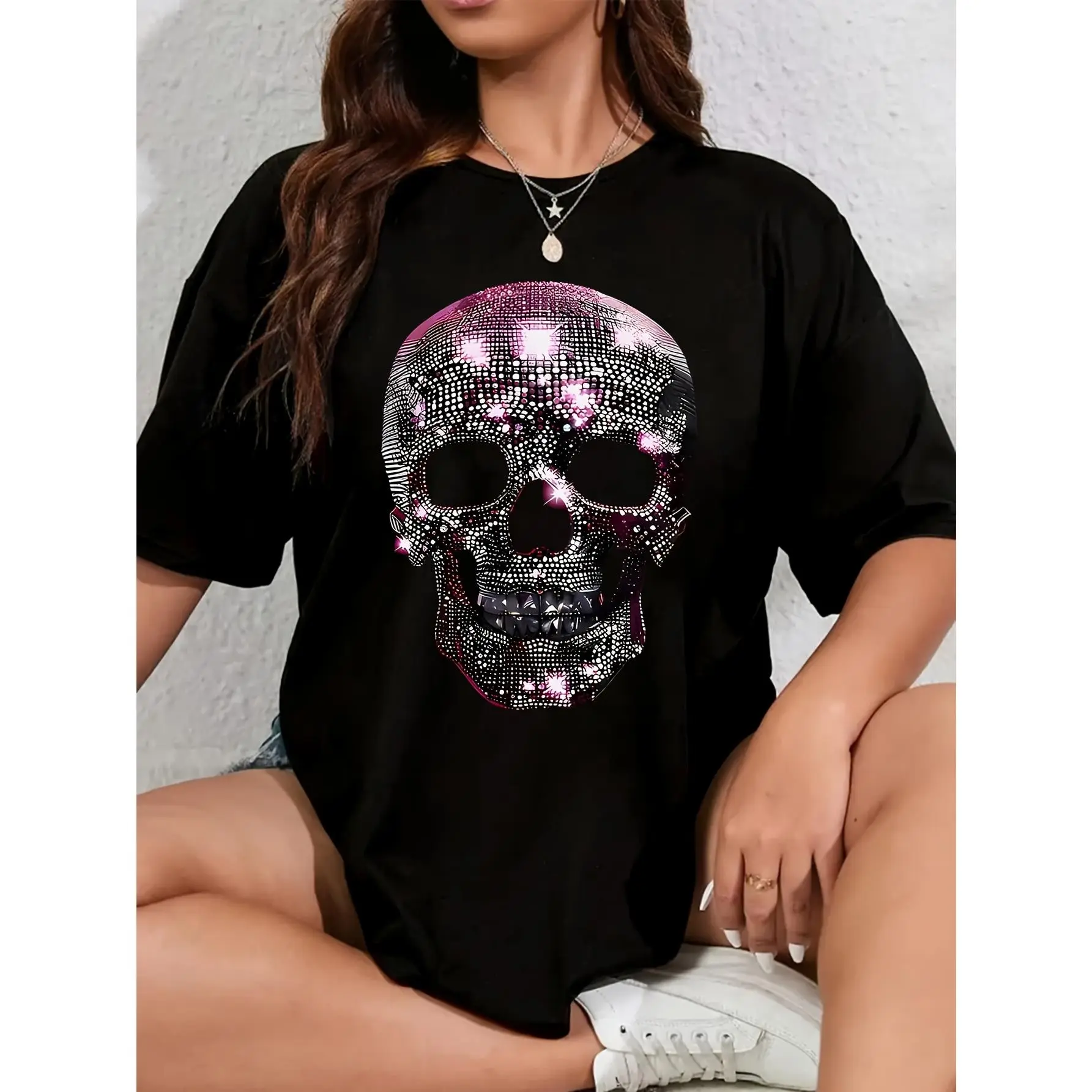 Women's Plus Size Pink Sequin 3D Skull Art Graphic T-Shirt - 100% Polyester, 220g, Loose-Fitting, Short Sleeve, Round Neck, Casual Novelty Tee (1 Pc), 3D Skull Graphic Women's T-Shirts, Skull Art Graphic Women's T-Shirts