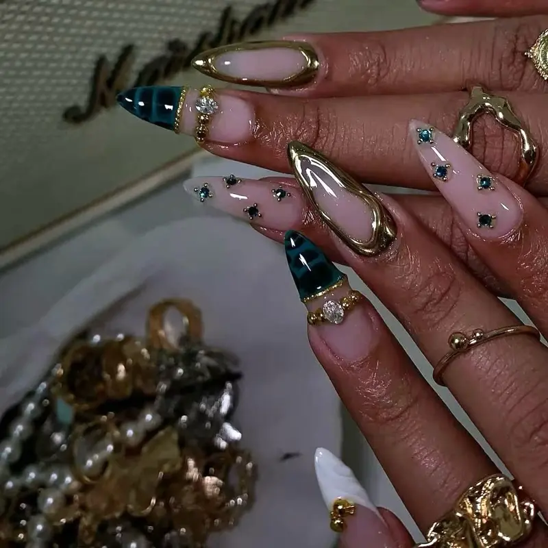 SHEDARES Turquoise Gem – Handmade Press-On Nails with Teal Gem Details, Gold Metallic Edges, Animal Print Tips & Glossy Nude Base – Perfect for Bold Glam & Vacation Styles