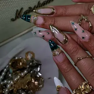 SHEDARES Turquoise Gem – Handmade Press-On Nails with Teal Gem Details, Gold Metallic Edges, Animal Print Tips & Glossy Nude Base – Perfect for Bold Glam & Vacation Styles