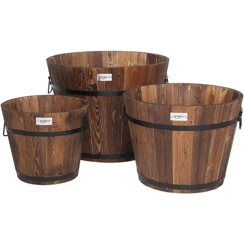 VINGLI 3-Pot Rustic Wooden Planter Barrel Set with Handles, Metal-Frame Hold, 11.5"-18" Fit Dia Sizes, Drainage Holes, Indoor-Outdoor Plant Decor Pots for Plants