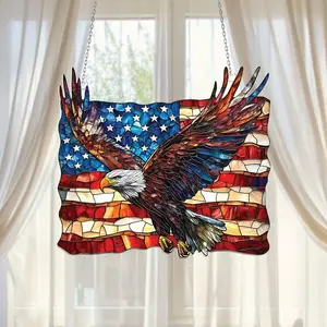 American Flag With Flowers Faux Stained Glass Suncatcher, Patriotic Window Hanging Decor, Gift For USA Garden Lovers gift, Home Decoration