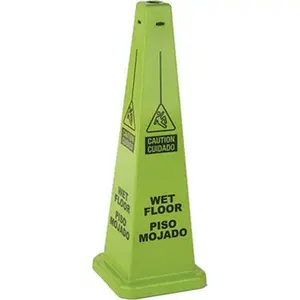 PRO-SAFE Conical Wet Area Alert Sign (03-600-09L), 12" W x 36" H Polypropylene, Black on Lime Green, Dual-Language English-Spanish, for Restroom Janitorial Use, Conical Shape