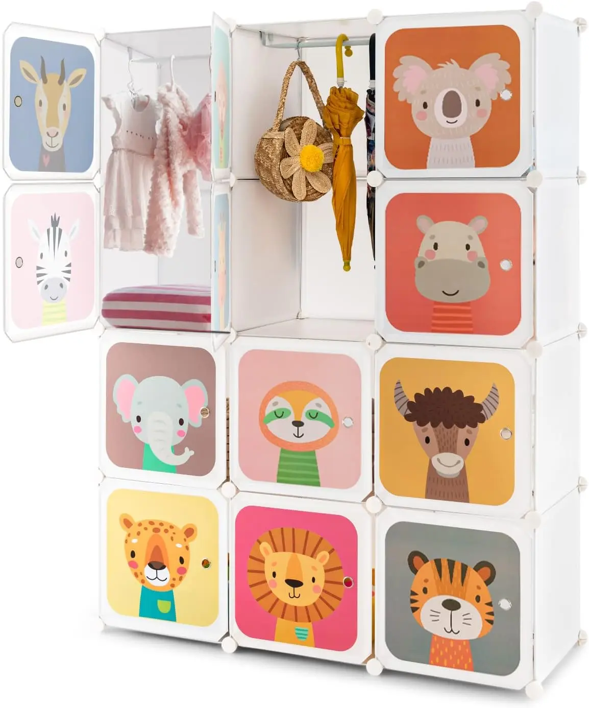 Costzon Kids Closet, Cartoon DIY Modular Dresser Storage Organizer with 12 Cubes & 2 Clothes Hanging Rack, Portable Armoire for Baby Toddlers, Kids Wardrobe for Bedroom Nursery