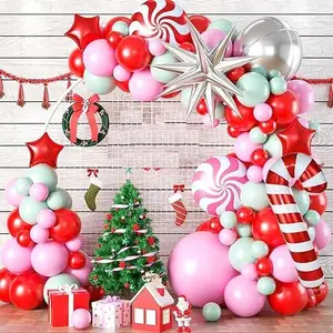 107PCS Christmas Balloon Garland Arch Kit, Red Pink Green Balloons, Candy Cane Star Foil Balloons for Christmas New Year Party Supply