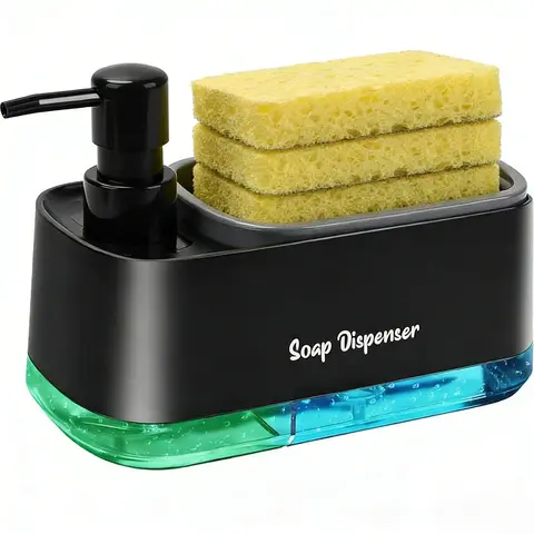 Reusable Plastic 3-in-1 Soap Dispenser Set - Countertop Hand Soap Dispenser with Dual-Spout Press Pump, Sink-Side Holder, 2 Sink-Side Sponges for Kitchen Cleaning with Easy Access to Essentials