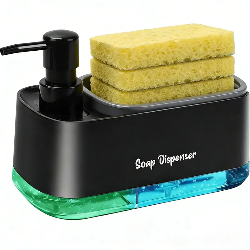 Reusable Plastic 3-in-1 Soap Dispenser Set - Countertop Hand Soap Dispenser with Dual-Spout Press Pump, Sink-Side Holder, 2 Sink-Side Sponges for Kitchen Cleaning with Easy Access to Essentials