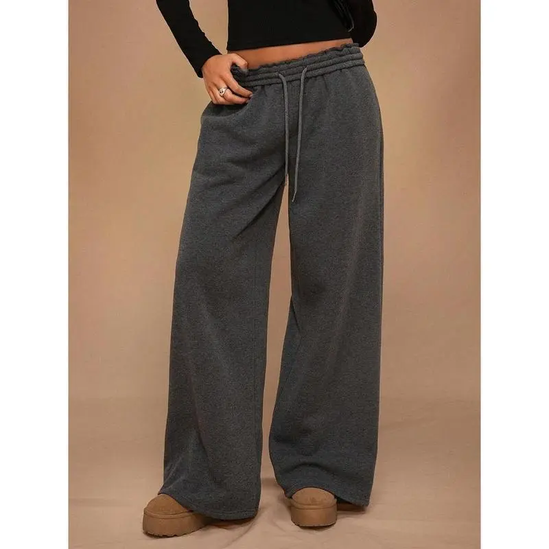 Women's Polyester Baggy Wide Leg Sweatpants - Autumn/Winter Low Waist Elastic Waist Drawstring, Thick Thermal Lined, Comfortable Everyday Streetwear Sports Bottoms, Slimming Versatile Basic Minimalist Grey Trousers, Lady