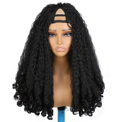 Afro Wig V Part Kinky Curly Wigs for Black Women, 180% Density Wear and Go Glueless Wig with Unique Bouncy Curls in the End, Synthetic No Leave out Clip in (#1B Black wig, 24 Inch) Hd Wig Caps Lace Wig Cap