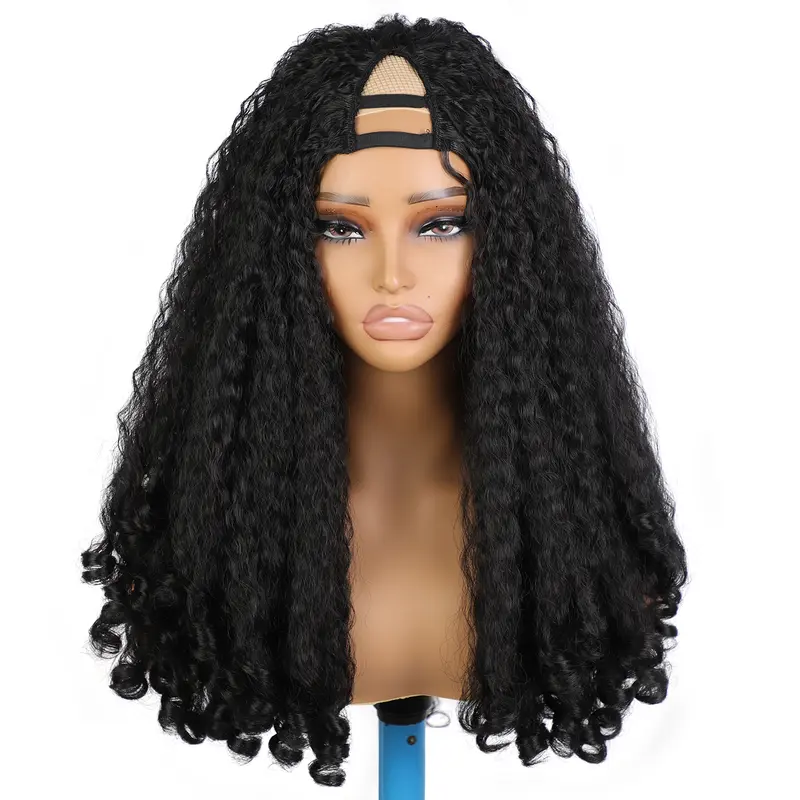 Afro Wig V Part Kinky Curly Wigs for Black Women, 180% Density Wear and Go Glueless Wig with Unique Bouncy Curls in the End, Synthetic No Leave out Clip in (#1B Black wig, 24 Inch) Hd Wig Caps Lace Wig Cap