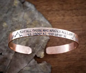 GPS Bracelet, Hammered Copper Cuff, Not All Those Who Wander Are Lost, With Mountains and GPS Coordinates, 6mm Wide
