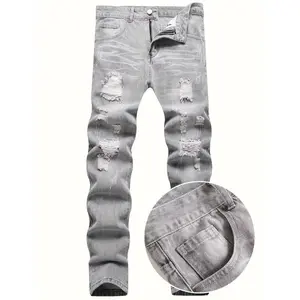 Men's Fashion Stylish Ripped Jeans, Distressed Denim Pants, Casual Street Style Pants