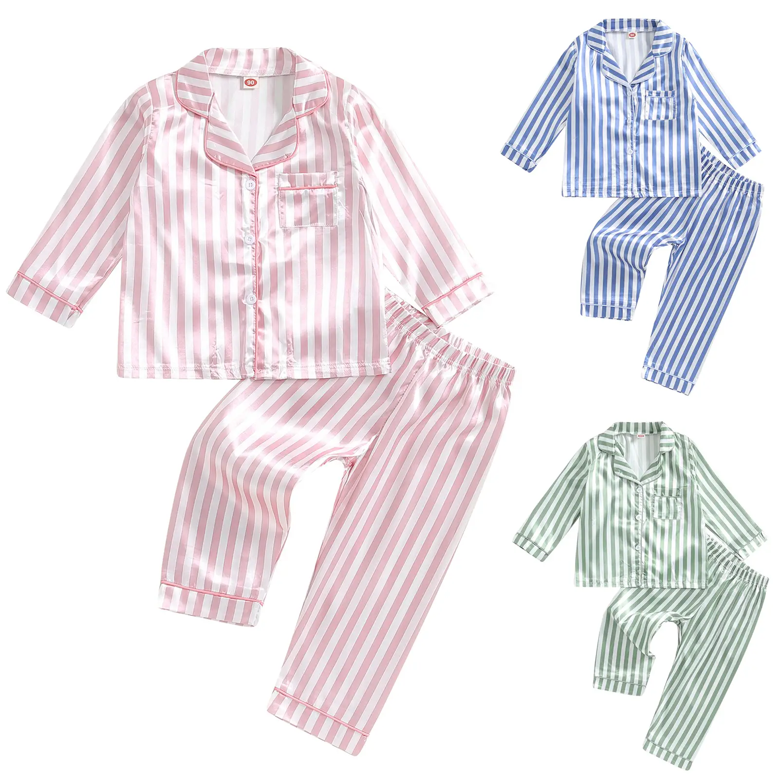Baby Girl Boy Silk Satin Two Piece Pajamas Set Striped Long Sleeve Button Down Sleep Shirt Tops Lounge Pants Pjs Kids Sleepwear #Springtok