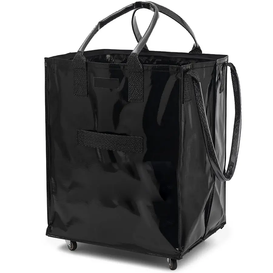 (Medium, Black) Reusable Nylon Fabric Grocery Bag on Wheels, Foldable Rolling Tote Carries, Foldable Reusable Grocery Trolley,Rolling Bag with Handles, Compact Zipper Clouser Rolling Tote Bag with Wheels Canvas Bag