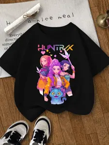 Girls' Kpop Demon Hunters Round Neck Short Sleeve Top, Cool Graphic Tee, Colorful Huntrx Letter Print, Cartoon Characters & Blue Cat Design, Casual Fit