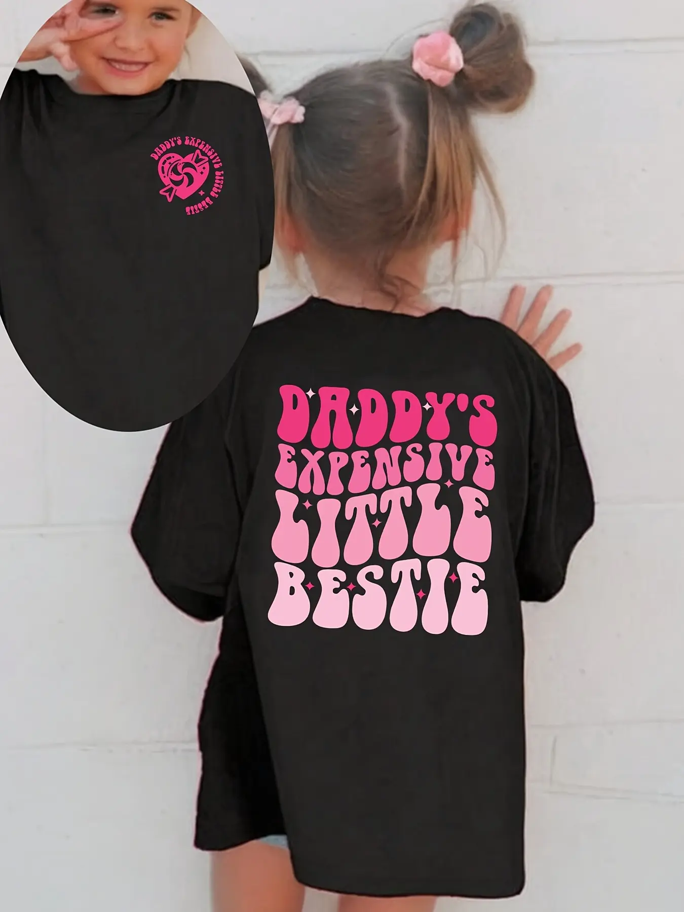 Girls' Cotton Short-Sleeve Crewneck T-Shirt - "Daddy's Expensive Little Bestie", Fade-Resistant Daddy Love Checkerboard Casual Kids Clothing Top, Kids Clothing Girls
