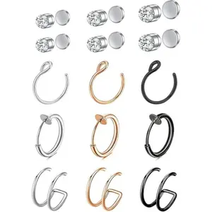 15 pieces of stainless steel non perforated magnetic nose rings, ear studs, lip studs, body accessories set for both men and women with storage bag