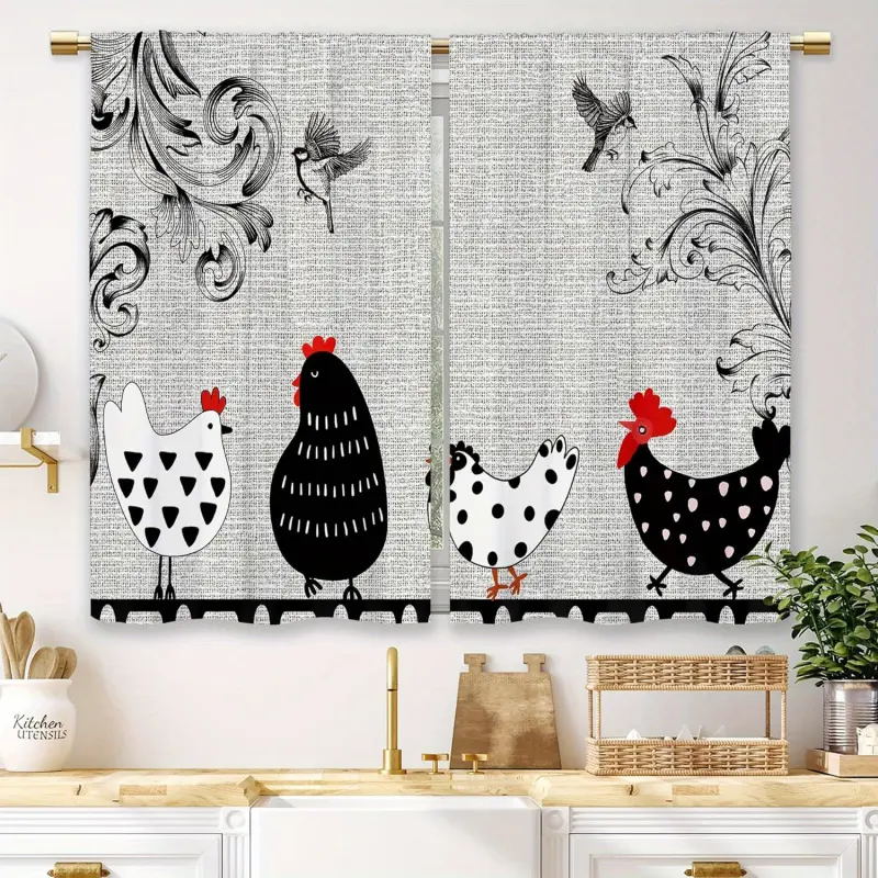 2pcs Farmhouse Rooster Blackout Curtains - 28x40in Easy-Install Rod Pocket Short Drapes, Knitted Fabric, Printed on 1 Side Only, Country Retro Animals & Leaf Design, Machine Washable, Non-Bleachable Darkening Panels for Small Cafe Windows