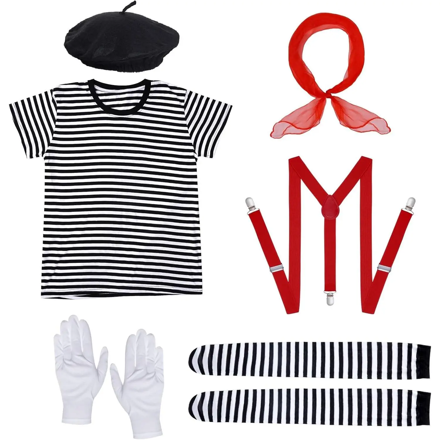 Men's Mime Costume, Classic Striped Mime Artist Outfit, Halloween Costume Ideas for Parties, Adult Menswear Clothes with Accessories, Costumes Ideas