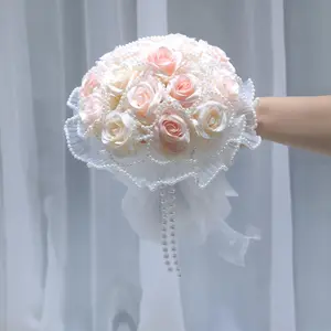 Artificial Bridal Bouquet Peach Rose Flower Pearl Embellished Satin Ribbon Handheld Bouquet for Wedding Brides Bridesmaids Photography Props