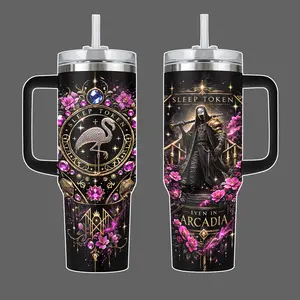 Sleep Token “Even In Arcadia” Stainless Steel Insulated Travel Tumbler With Handle & Straw Lid 20oz 40oz Full Wrap Gold Gothic Mask Floral Design