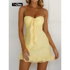 Women's Floral Print Bow Decor Tube Sleeveless Dress, Cute Strapless Flare Backless Party Mini Dress for Beach Holiday Vacation, Ladies Clothes for All Seasons