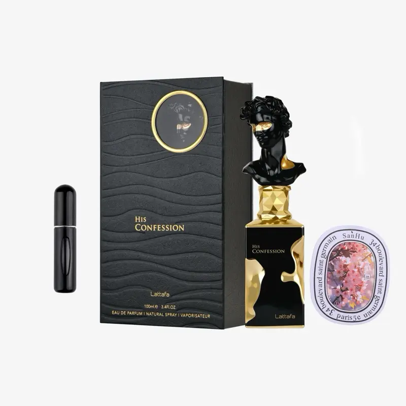 Men's Lattafa His Confession Oriental Bold Confident Scent Eau de Parfum Spray (3.4 fl oz/100 mL) - Oriental Spice, Citrus Mandarin, Cinnamon, Lavender Spark, Cedarwood, Amberwood Warmth, Vanilla Tonka Base, 5mL Refillable Bottle & Scented Card