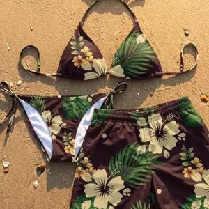 Matching Couple Swimwear Hibiscus Floral, His and Hers Summer Outfits, Matching Bikini and Men's Swim Trunks Set, Tropical Beachwear