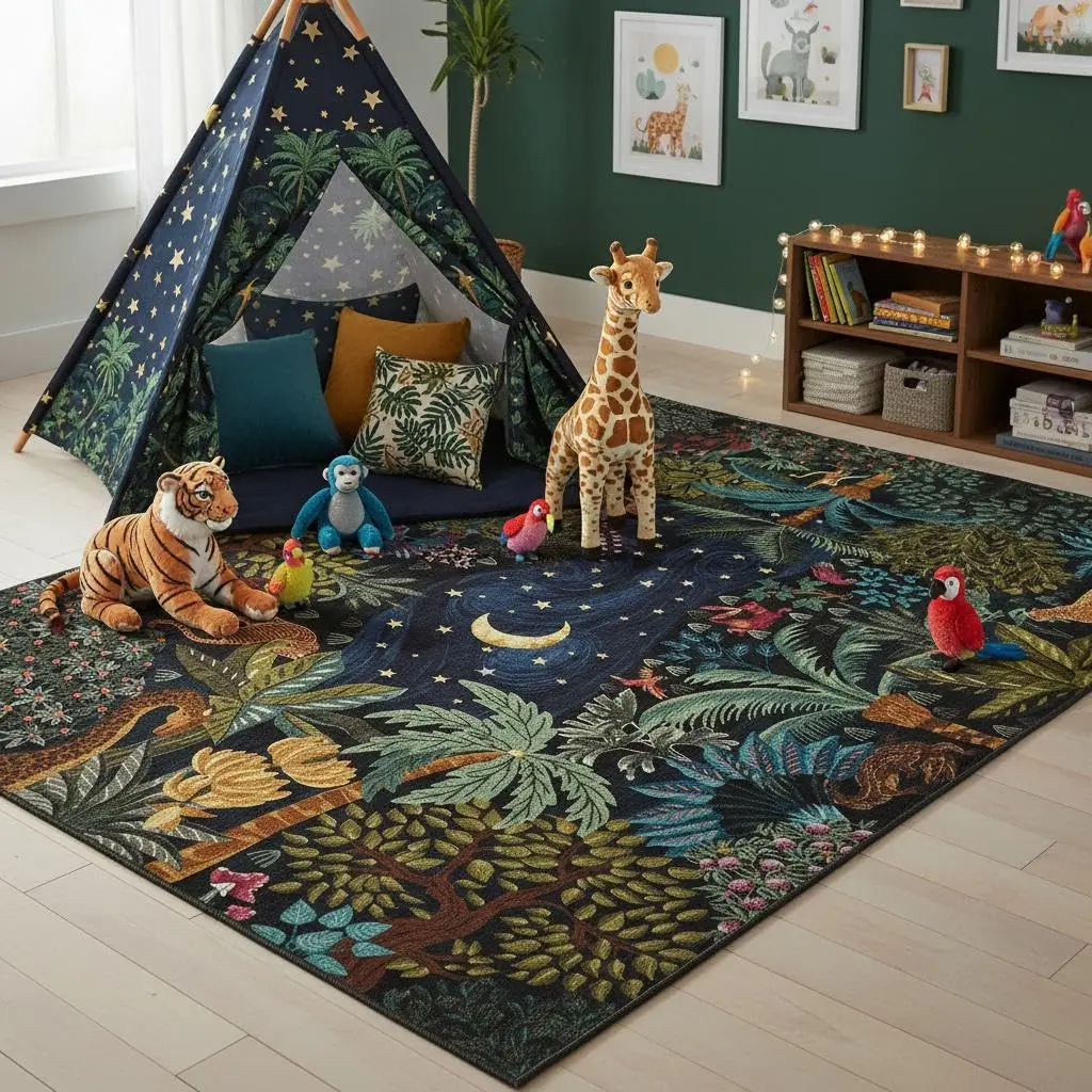 4x6 Washable Area Rug for Kids Room, Jungle Animal Soft Bedroom Rug Non Slip Low Pile Small Carpet Stain Resistant Throw Rug for Bedside Playroom Classroom Office Dining Room