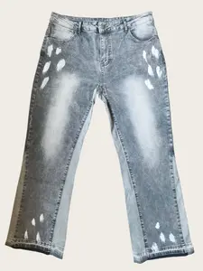 Romwe Men Street Life Men's Distressed Patchwork Flare Jeans, Random Print, Casual Fashion, Comfortable Fit, Perfect for Daily Wear, Streetwear, Menswear, Pants