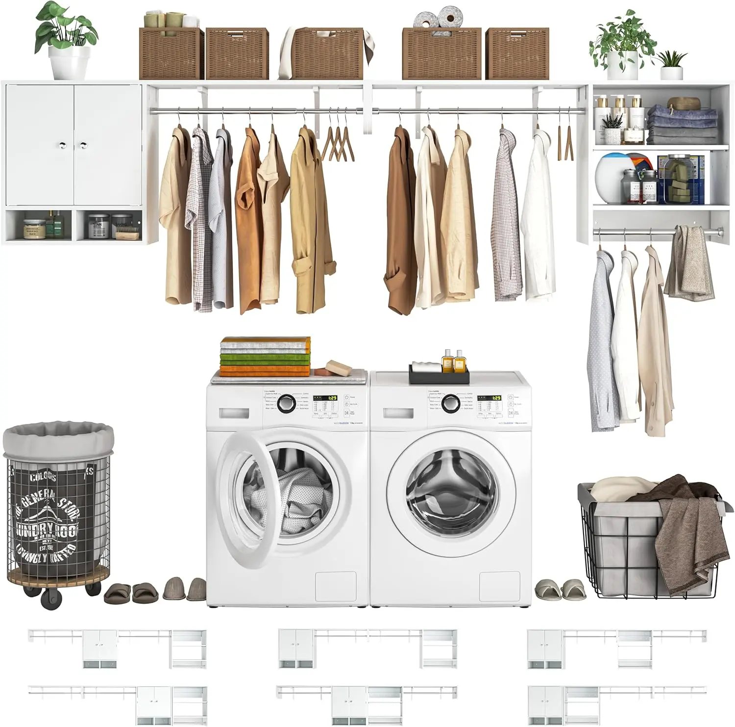 Unikito Wood Over Washer and Dryer Storage Shelves and Organizer, 118" Wall Mounted Laundry Room System with 3 Hanger Rods, Heavy Duty Laundry Room System, Space Saver Clothes Drying Rack