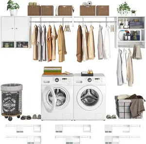 Unikito Wood Over Washer and Dryer Storage Shelves and Organizer, 118" Wall Mounted Laundry Room System with 3 Hanger Rods, Heavy Duty Laundry Room System, Space Saver Clothes Drying Rack
