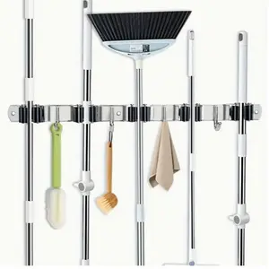 5 Racks and 4 Hooks Mop and Broom Holder Wall Mount, Broom Organizer Storage Tool Racks Stainless Steel Heavy Duty Hooks Self Adhesive Solid Non-slip for Home Kitchen Garden Laundry