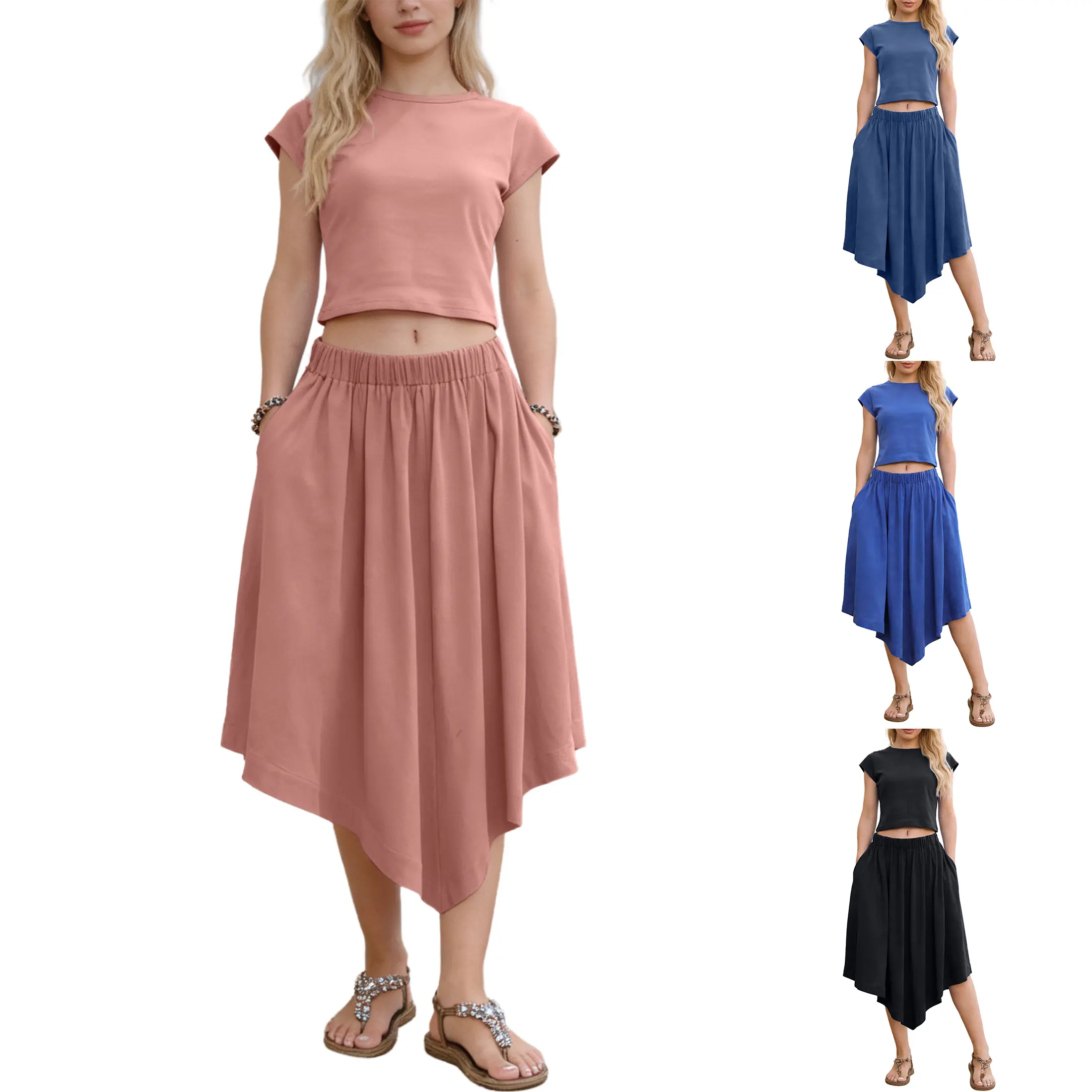Mundoven Women‘s Minimalist Cap Sleeve T-shirt + Asymmetrical Hem Midi Skirt Two-Piece Set, Solid Color Elastic Waist Casual Skirt Outfit