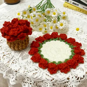 Handmade Crochet Rose Pad Coaster - Cute Flower Doily Cup Mat, Boho Artisanal Table Decor for Home Kitchen Desktop, Durable Flower Pot Trivet Mug Rug, Birthday Christmas Gift for Her Handmade Lovers