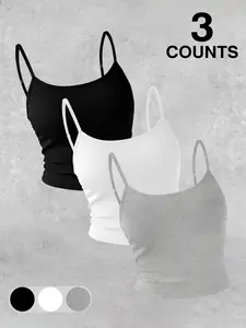 3-Pack Fitted Cropped Cami Tops - Basic Spaghetti Strap Crop Tank Set
