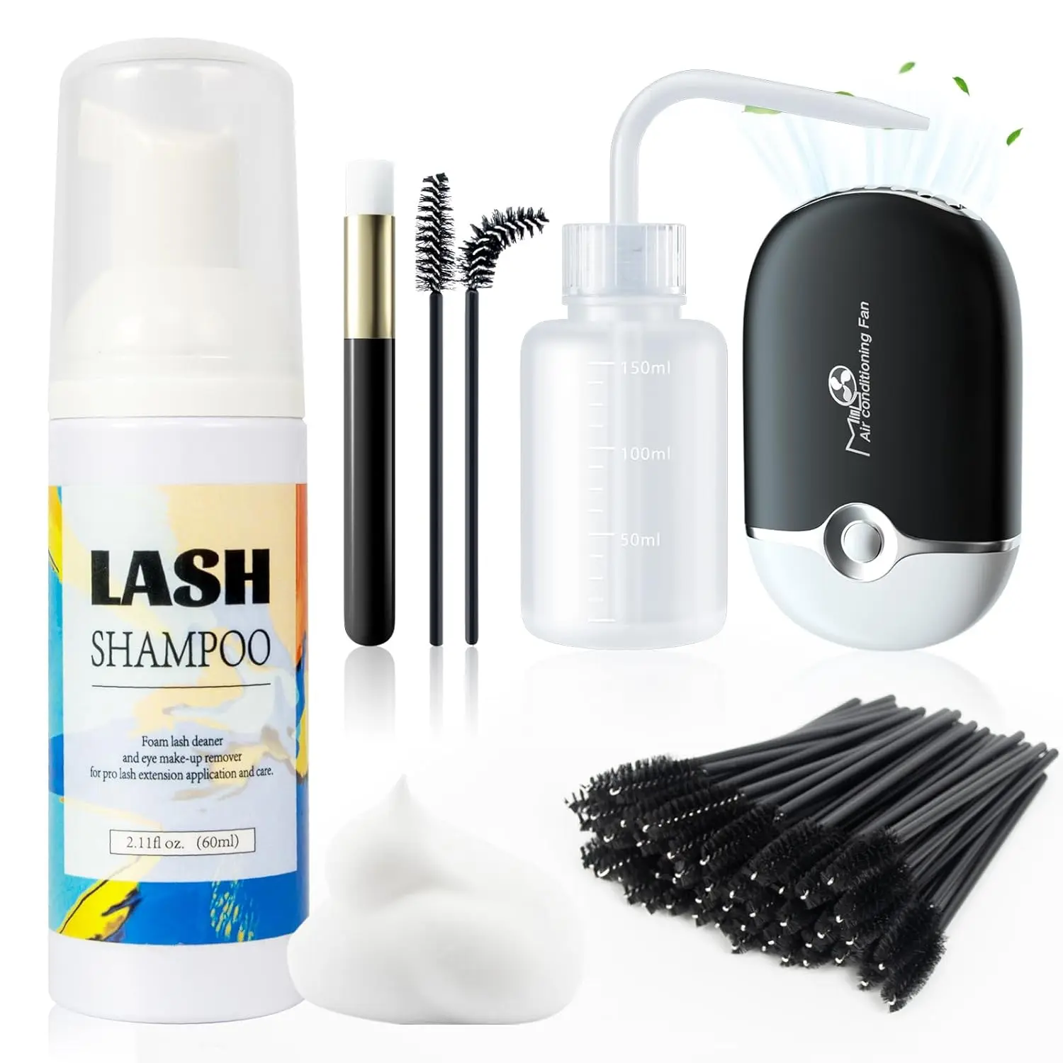 Lash Shampoo Kit Lash Cleaning for extensions 2.02Fl oz/60mL, Black | Oil Free, Includes USB Rechargeable Mini Lash Fan, Rinse Bottle & Brushes & 50 Mascara Wands for Daily Lash Aftercare