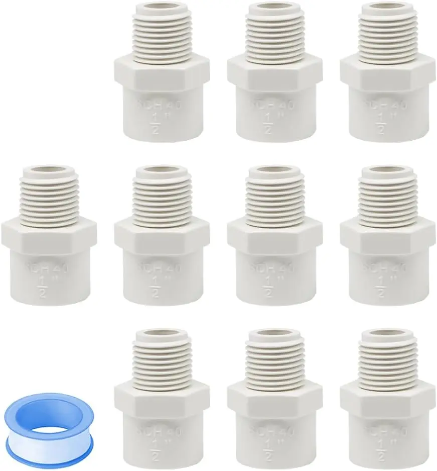 10 count 1/2 Inch PVC Coupling Fittings White Male Thread PVC Pipe Fitting Adapter Connector for Schedule 40 HE054-1/2