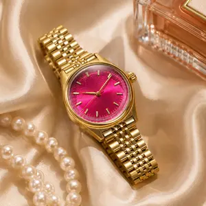 Gold Tone Women's Watch with Dragon Fruit Inspired Pink Dial, Five-Link Polished Stainless Steel Bracelet, Elegant Statement Wristwatch For Everyday & Special Occasions
