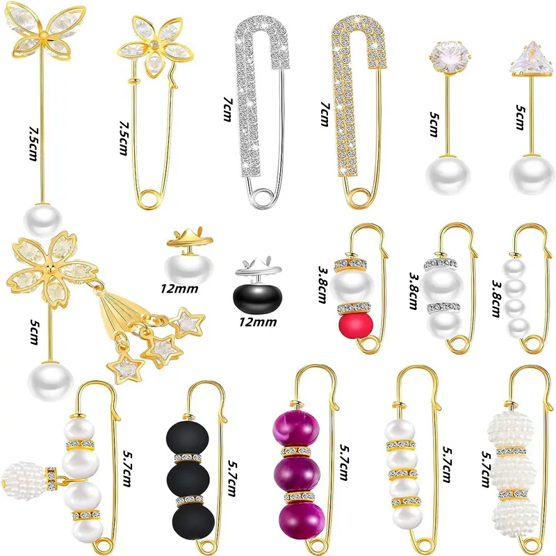 17 Pack Mixed Style Pearl Brooch Pins, No-Sew Decorative Clothing Fasteners, Multiuse Cardigan Shawl Collar Pin, Pant Tightener Accessory for Women Daily Outfits