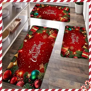 2/3pcs Christmas kitchen carpet floor mat, red festive Christmas happy, Christmas tree pattern anti slip floor mat, suitable for holiday kitchens, entrance doors, laundry rooms, bathrooms, living rooms, rooms Christmas decor floor mat, Home Decorative Rug